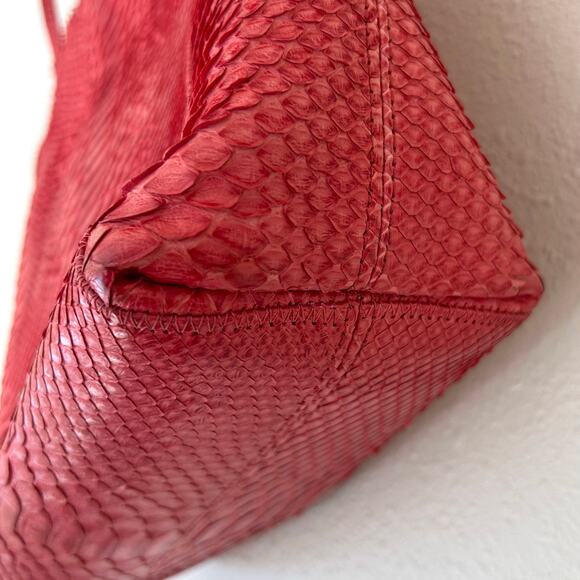 Carlos Falchi Python Leather Tote Bag Exotic Embossed Shoulder Bag coral Orange - Picture 8 of 14